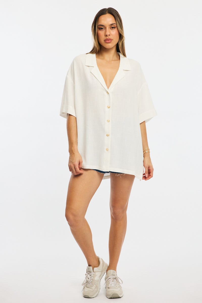 White Relaxed Shirt Short Sleeve Collared Linen Blend for Ally Fashion