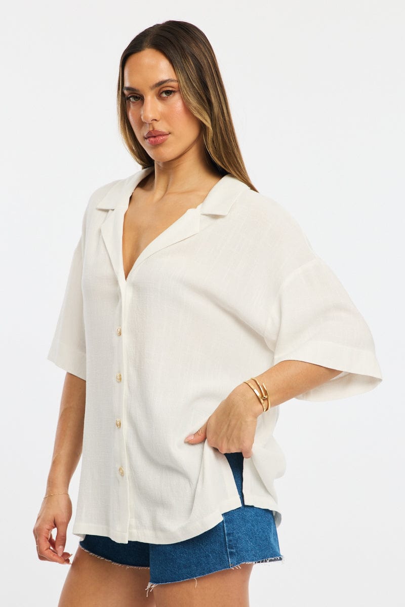 White Relaxed Shirt Short Sleeve Collared Linen Blend for Ally Fashion