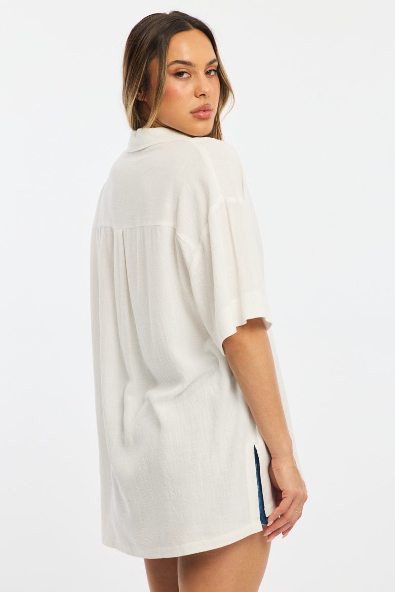 White Relaxed Shirt Short Sleeve Collared Linen Blend for Ally Fashion
