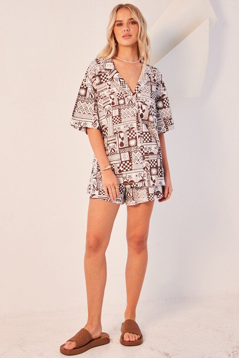 Brown Abstract Relaxed Shirt Short Sleeve for Ally Fashion