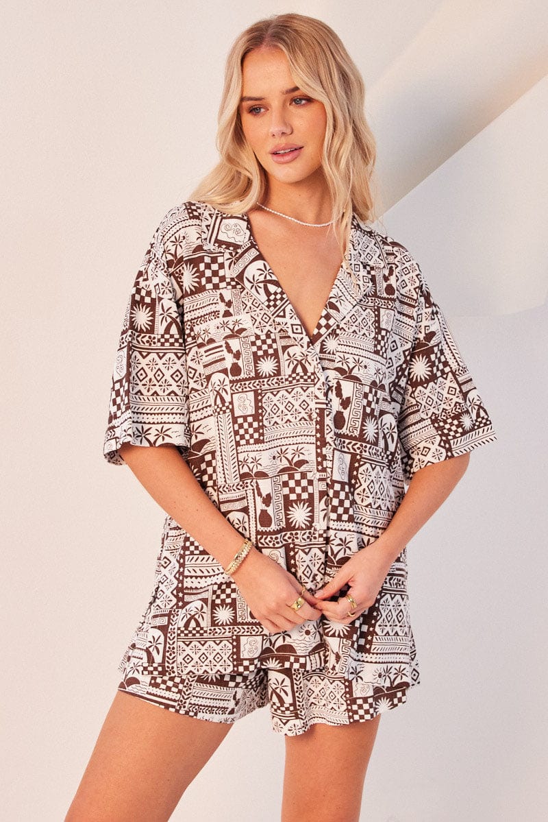 Brown Abstract Relaxed Shirt Short Sleeve for Ally Fashion