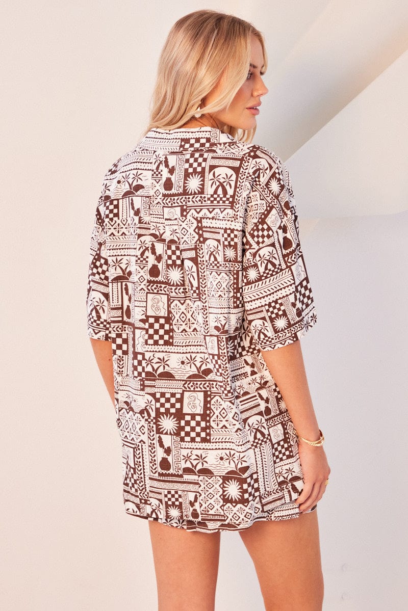 Brown Abstract Relaxed Shirt Short Sleeve for Ally Fashion