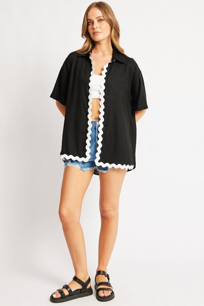 Black Relaxed Shirt Short Sleeve Ric Rac for Ally Fashion