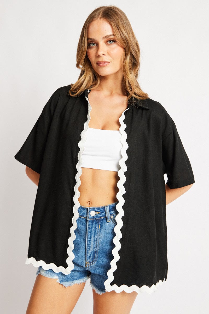 Black Relaxed Shirt Short Sleeve Ric Rac for Ally Fashion