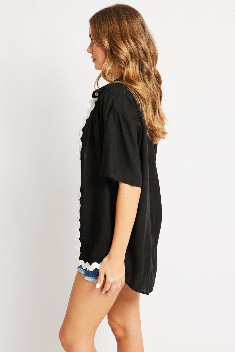 Black Relaxed Shirt Short Sleeve Ric Rac for Ally Fashion