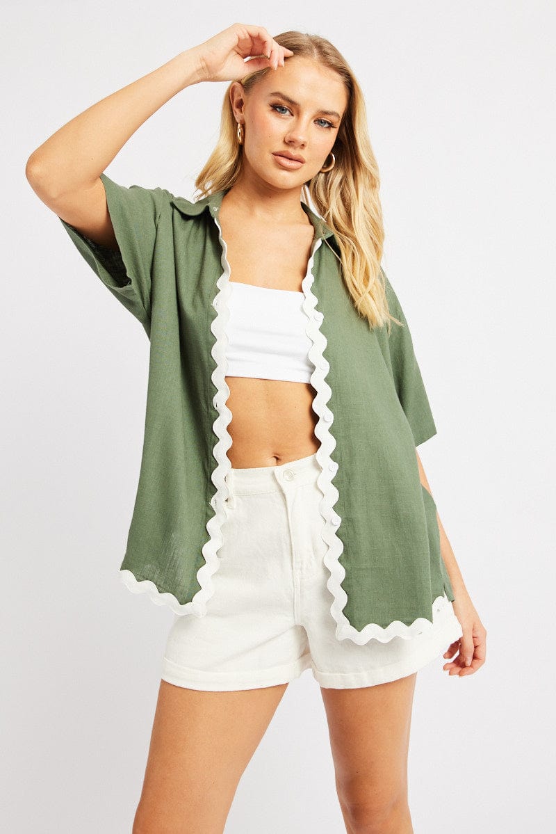 Green Relaxed Shirt Short Sleeve Ric Rac for Ally Fashion