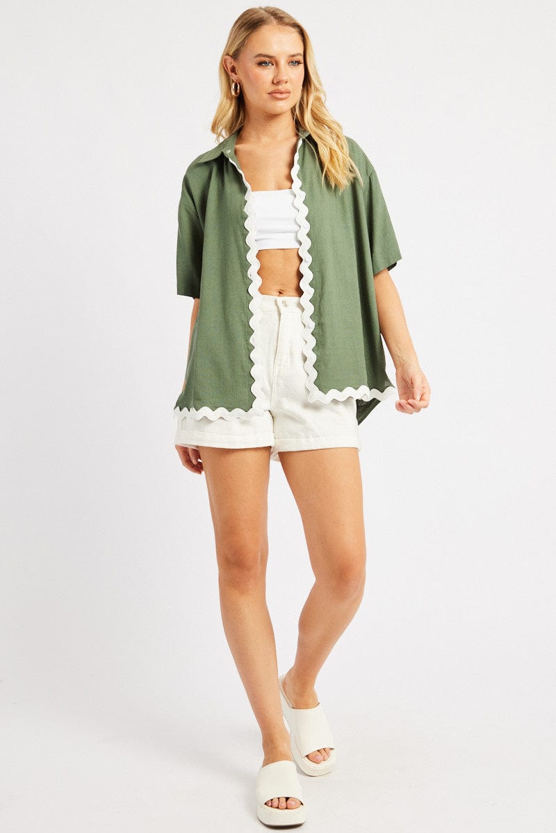Kelly Green Ric Rac Green Relaxed Shirt Short Sleeve Ric Rac | Ally Fashion