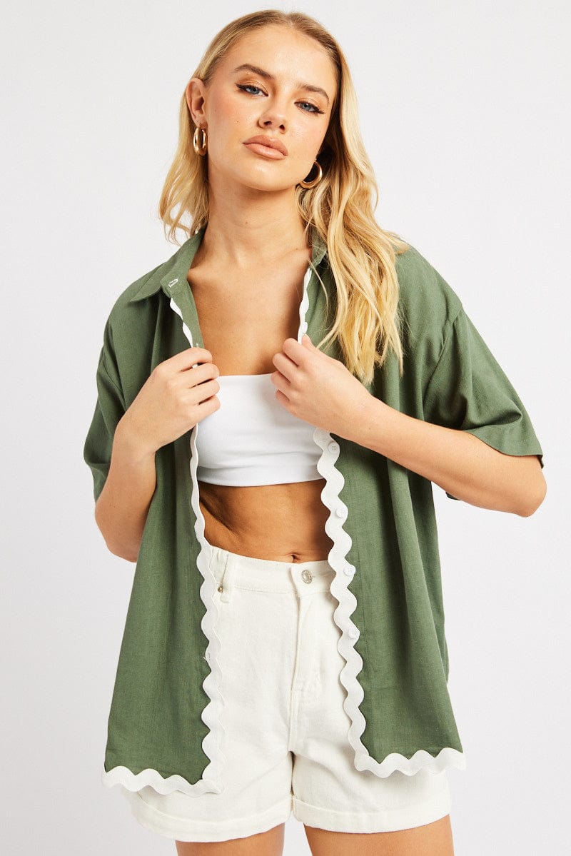 Kelly Green Ric Rac Green Relaxed Shirt Short Sleeve Ric Rac | Ally Fashion