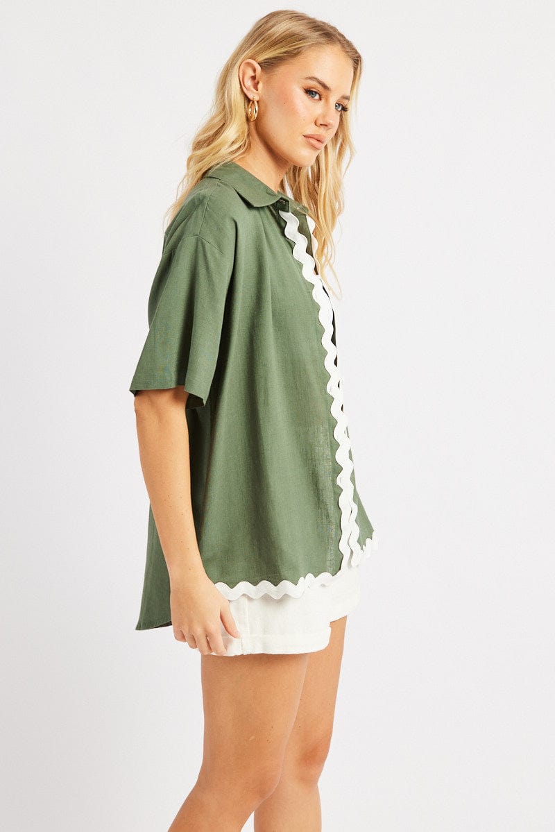 Kelly Green Ric Rac Green Relaxed Shirt Short Sleeve Ric Rac | Ally Fashion
