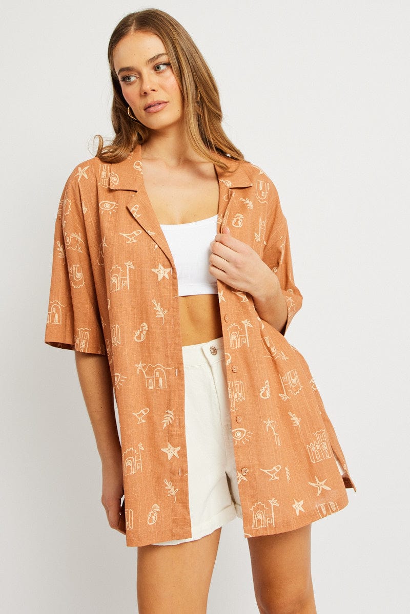 Brown Abstract Relaxed Shirt Short Sleeve for Ally Fashion