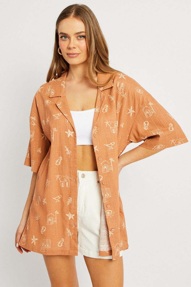 Brown Abstract Relaxed Shirt Short Sleeve for Ally Fashion