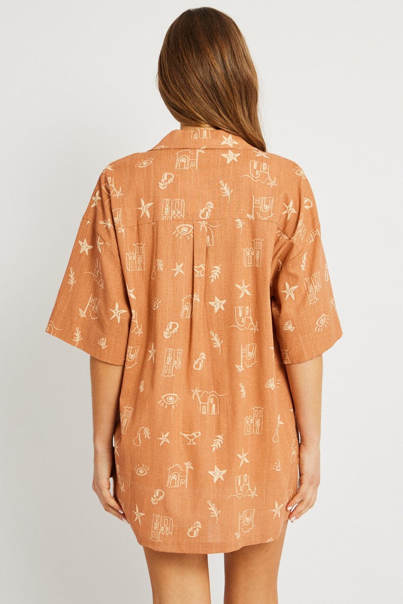 Brown Abstract Relaxed Shirt Short Sleeve for Ally Fashion