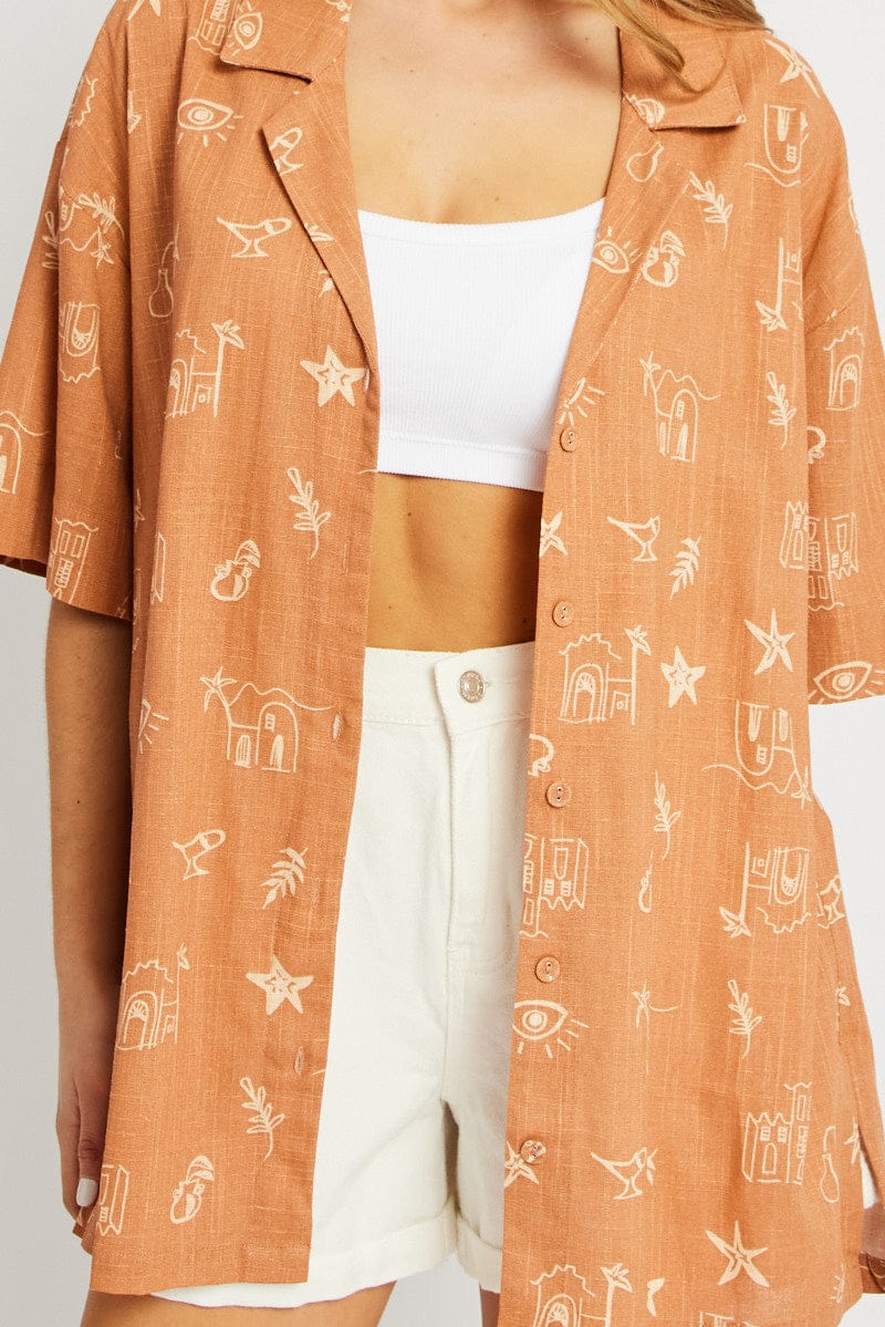 Brown Abstract Relaxed Shirt Short Sleeve for Ally Fashion