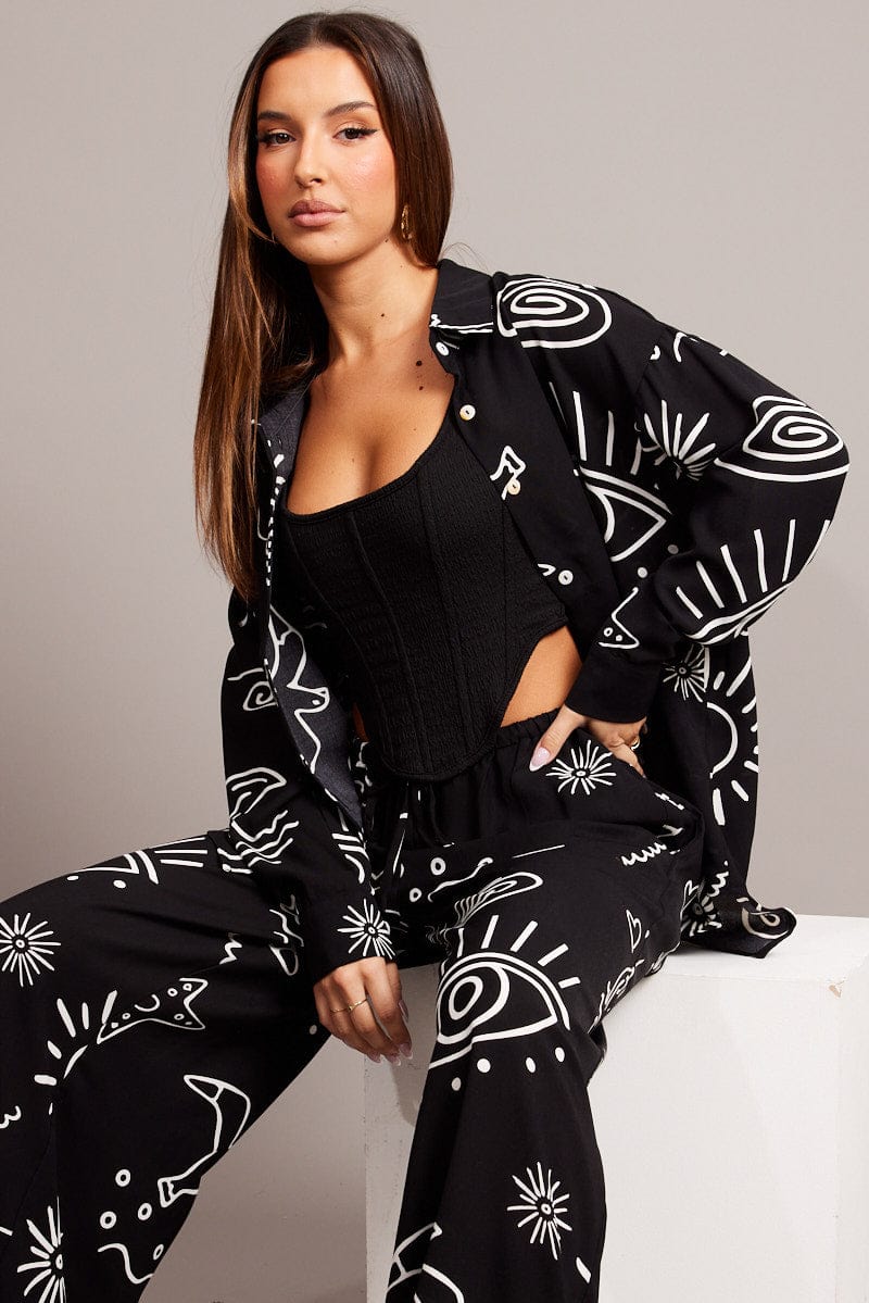 Black Abstract Relaxed Shirt Long Sleeve for Ally Fashion