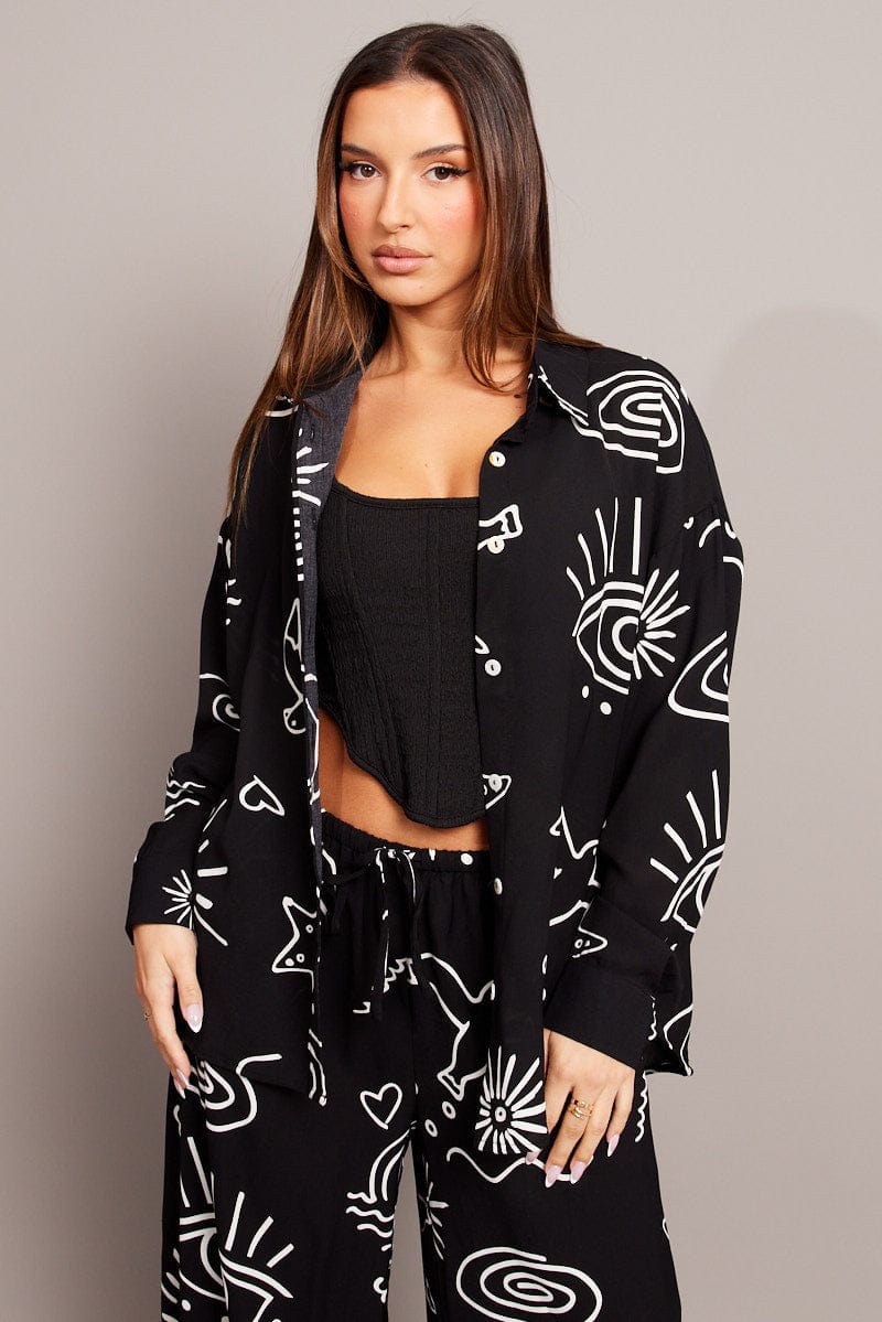 Black Abstract Relaxed Shirt Long Sleeve for Ally Fashion