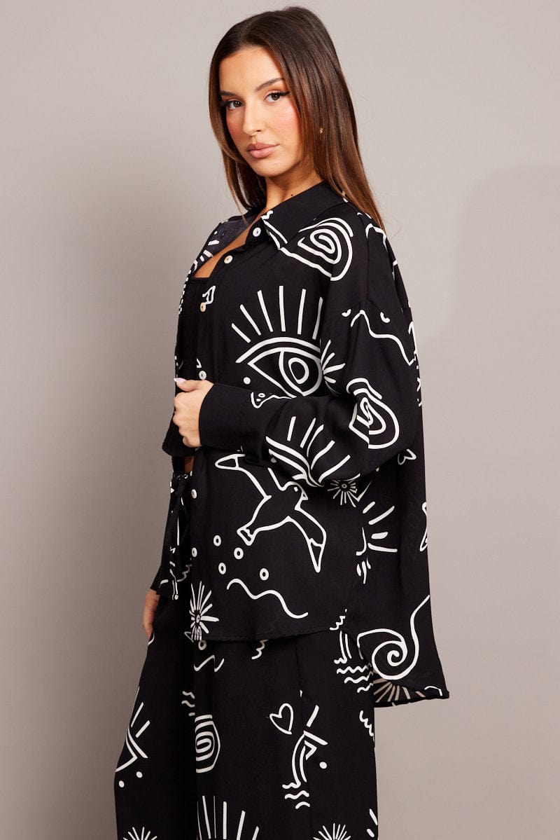 Black Abstract Relaxed Shirt Long Sleeve for Ally Fashion