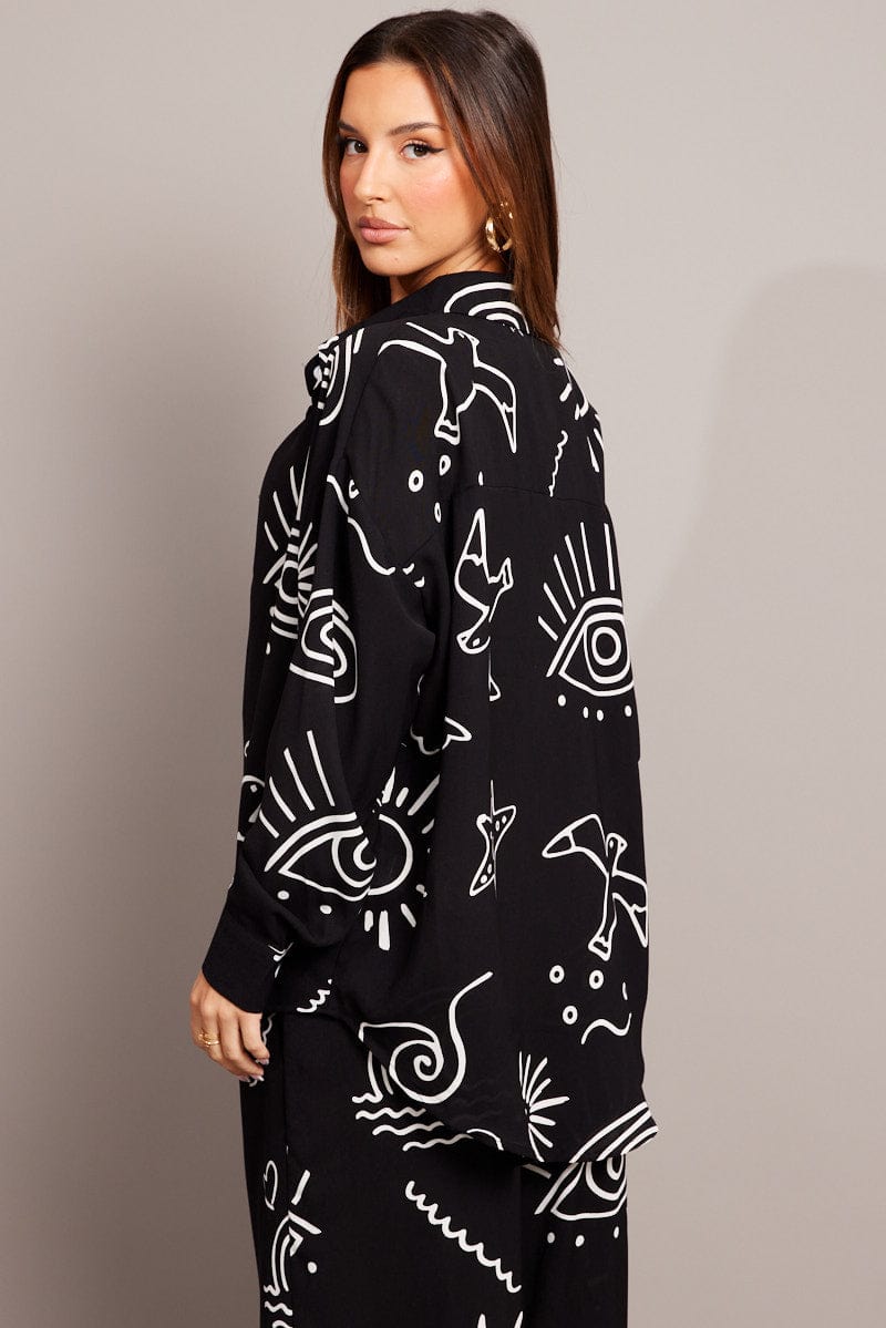 Black Abstract Relaxed Shirt Long Sleeve for Ally Fashion