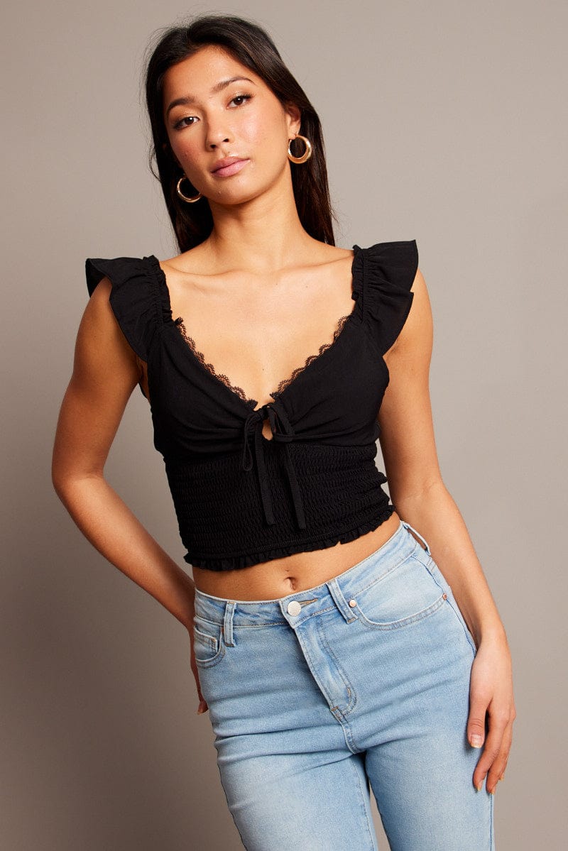 Black Crop Top Short Sleeve Lace Trim Shirred Waist for Ally Fashion