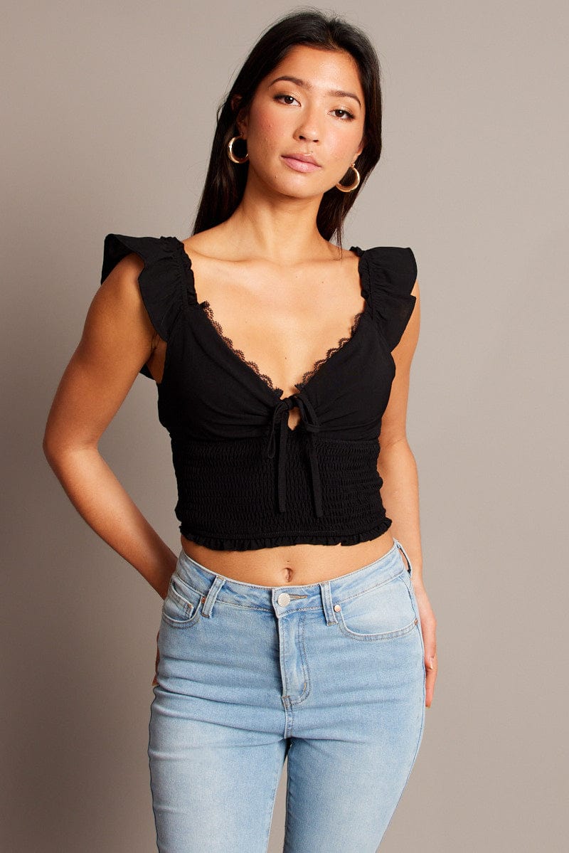 Black Crop Top Short Sleeve Lace Trim Shirred Waist for Ally Fashion