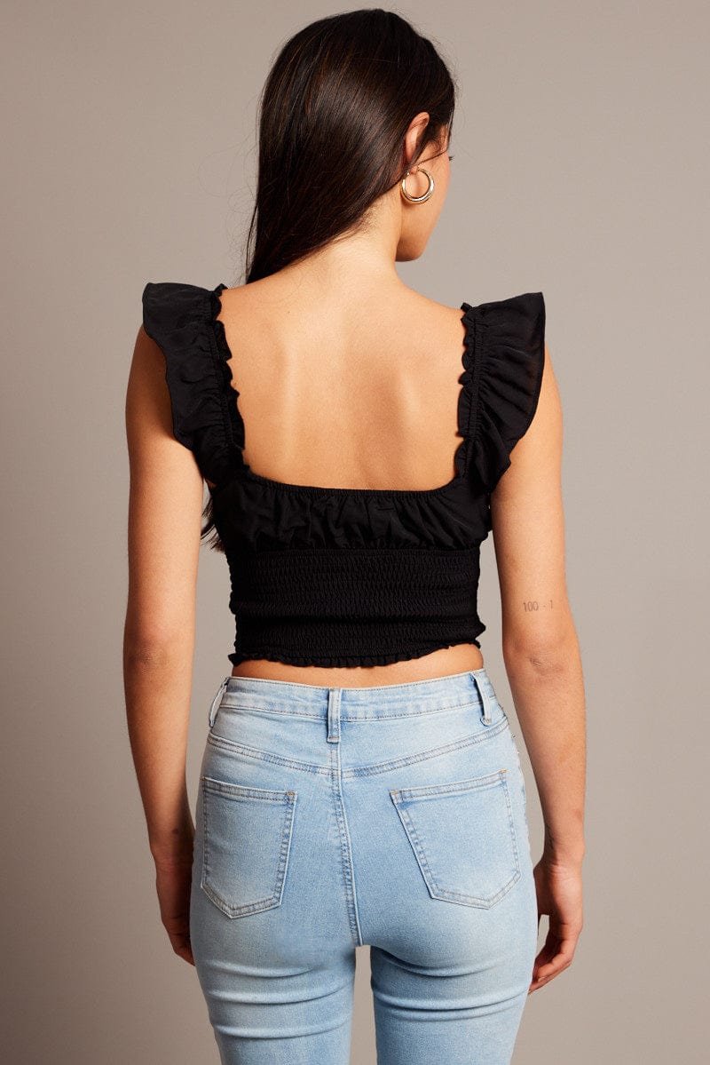 Black Crop Top Short Sleeve Lace Trim Shirred Waist for Ally Fashion