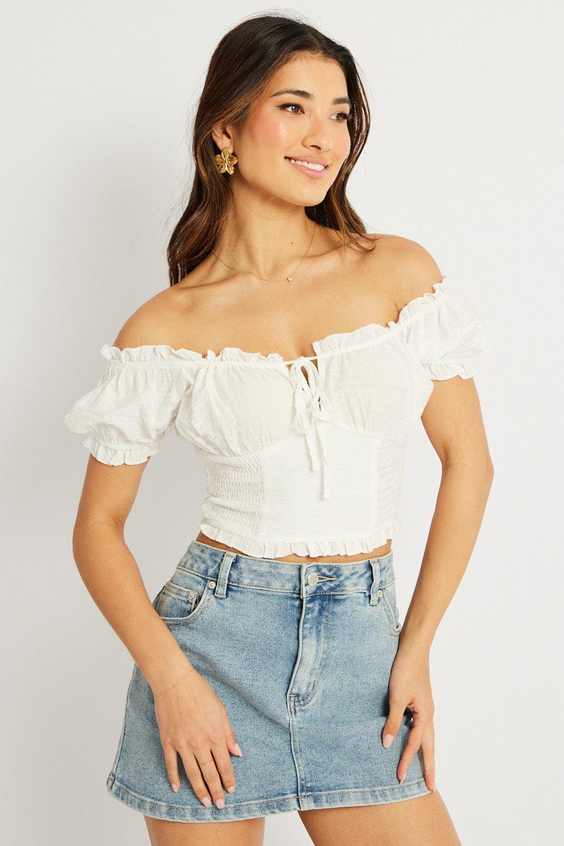 White Crop Top Short Sleeve Shirred Waist for Ally Fashion