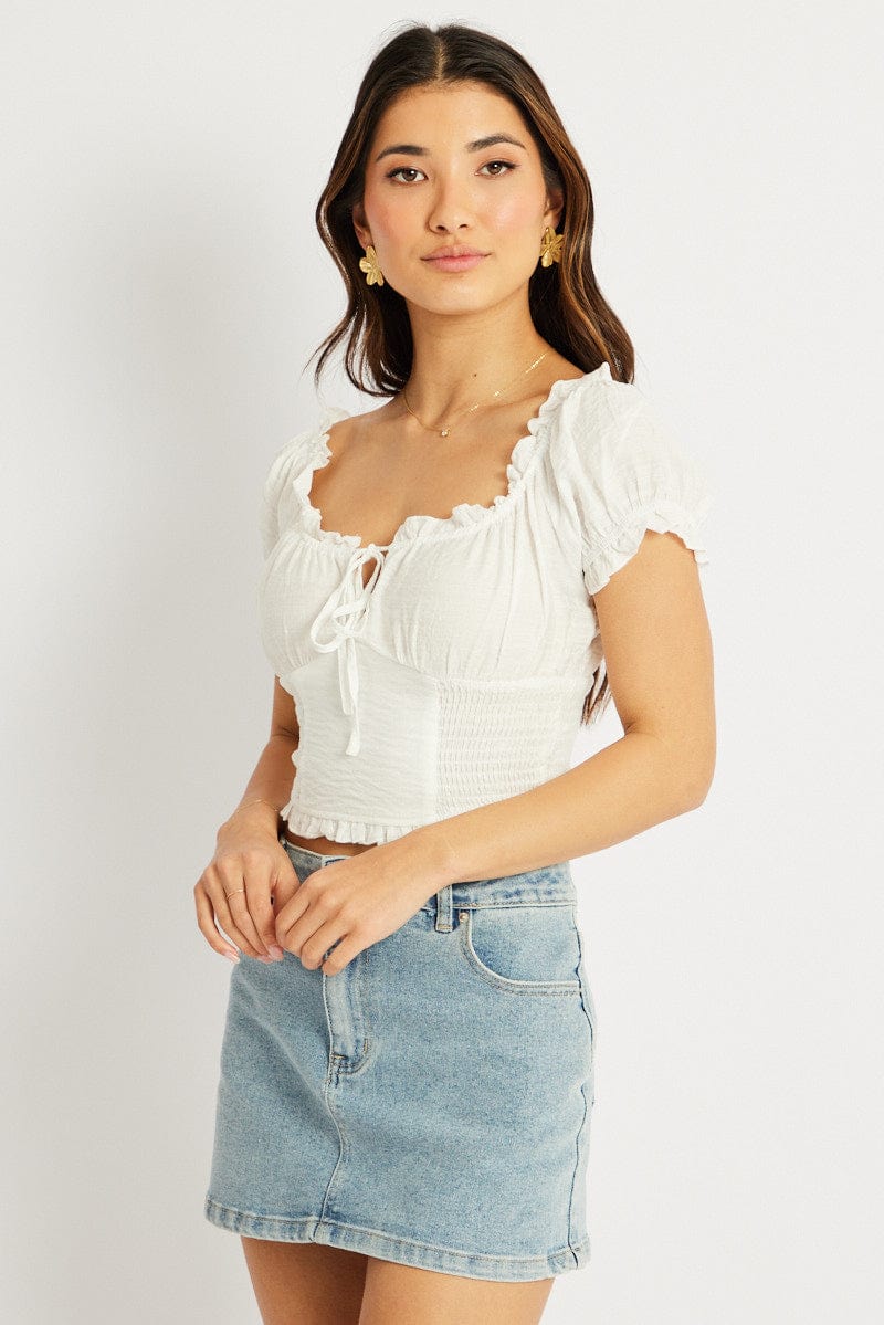 White Crop Top Short Sleeve Shirred Waist for Ally Fashion