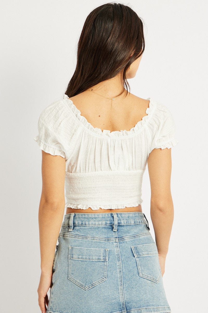 White Crop Top Short Sleeve Shirred Waist for Ally Fashion