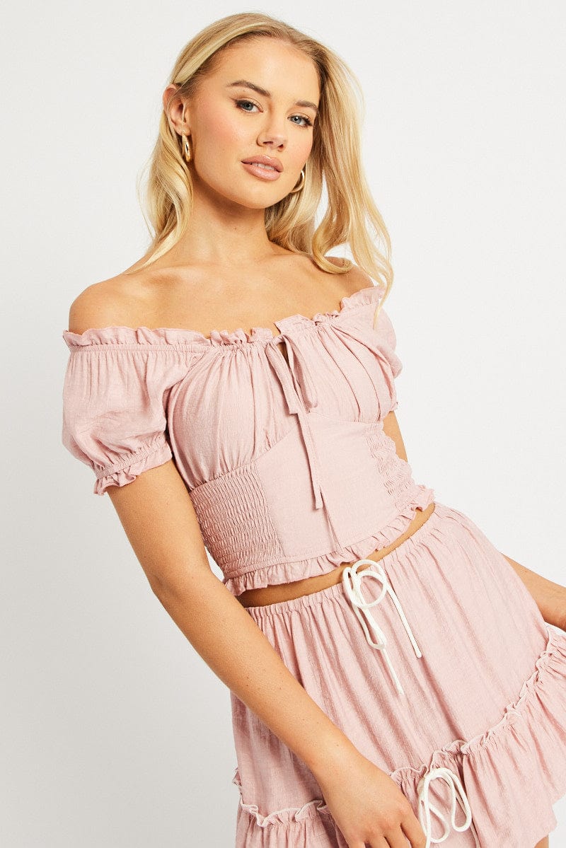 Pink Crop Top Short Sleeve Shirred Waist for Ally Fashion