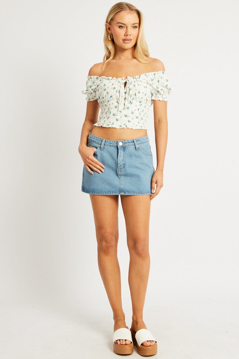 White Ditsy Crop Top Short Sleeve Ruched Bust for Ally Fashion