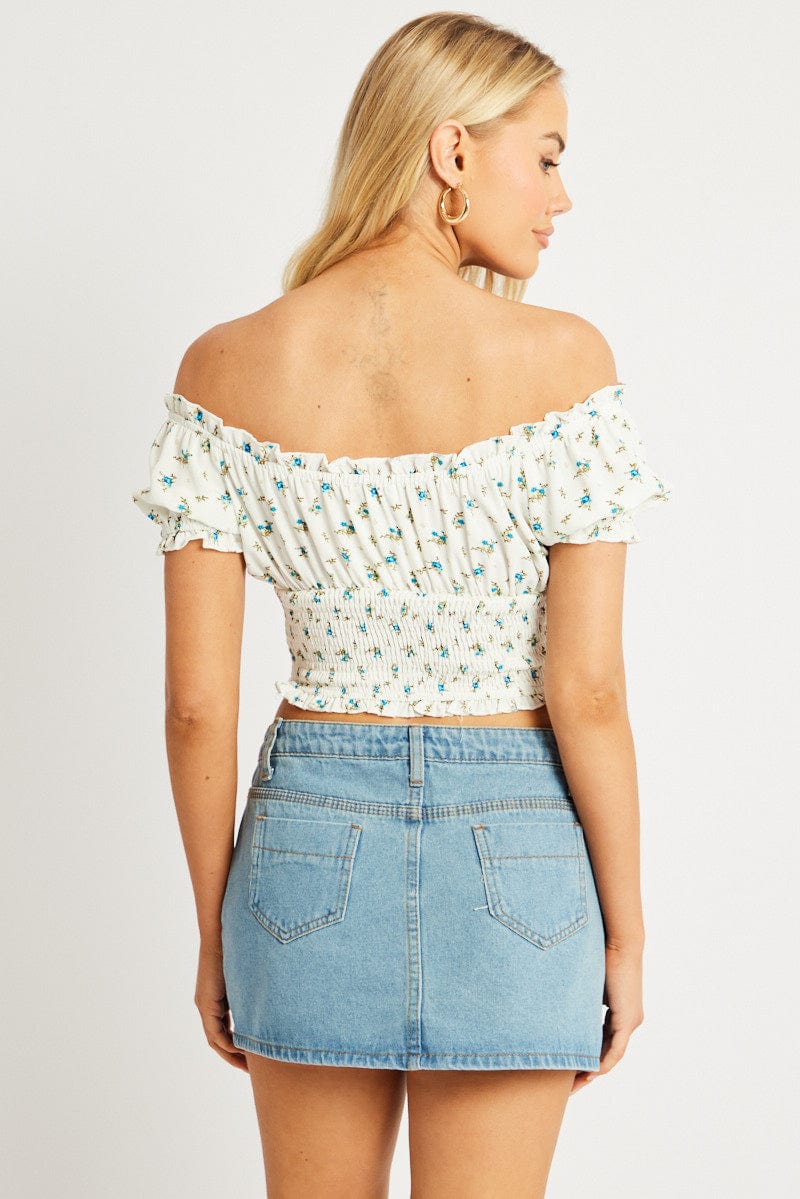 White Ditsy Crop Top Short Sleeve Ruched Bust for Ally Fashion