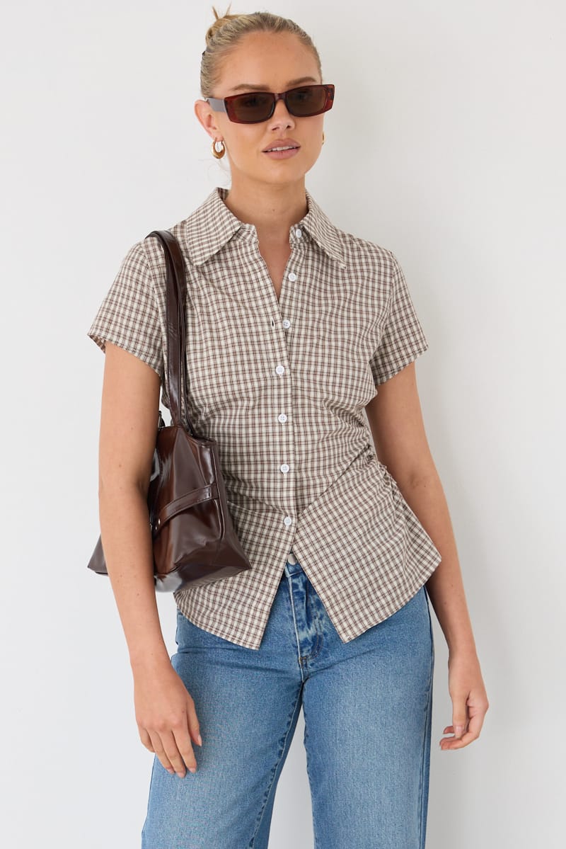 Brown Check Short-sleeve Shirt for Ally Fashion