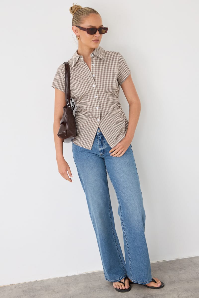 Brown Check Short-sleeve Shirt for Ally Fashion