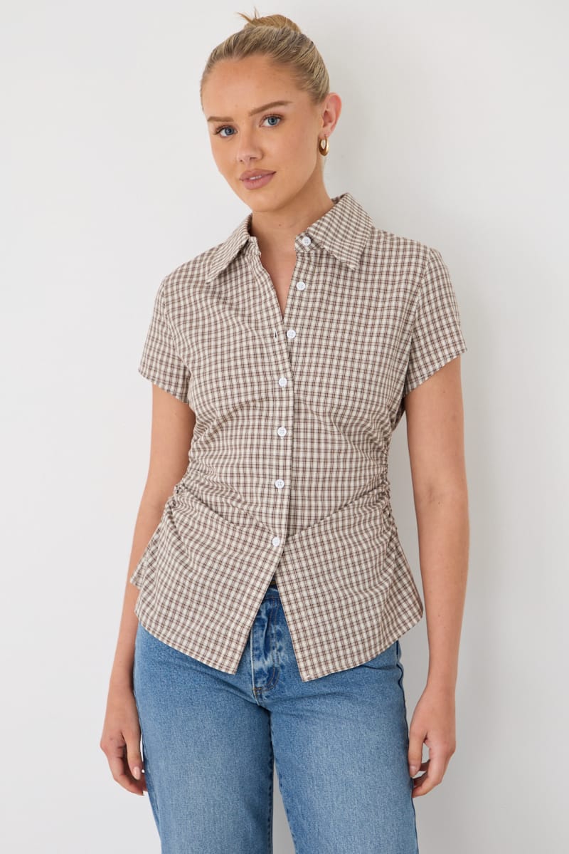 Brown Check Short-sleeve Shirt for Ally Fashion