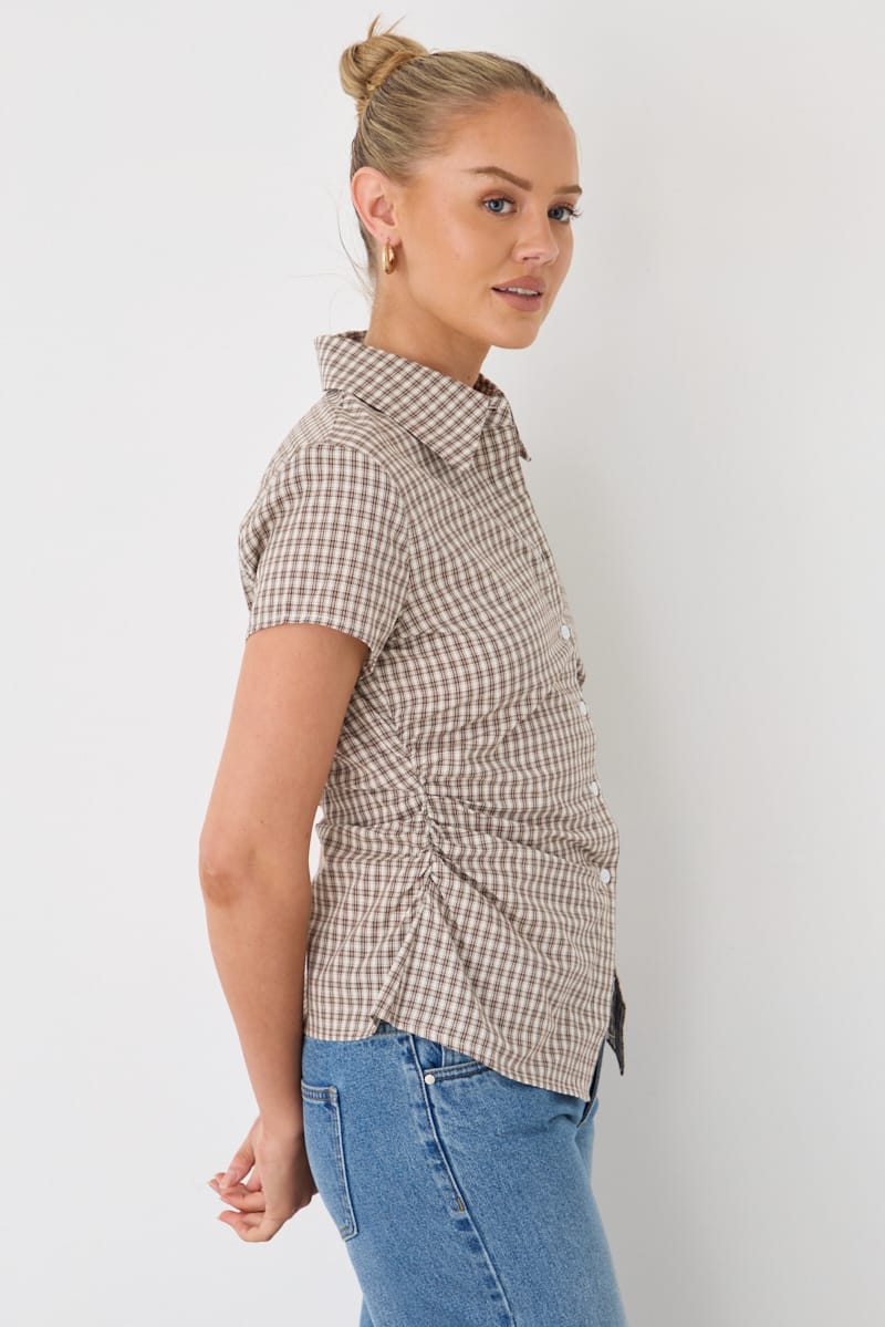 Brown Check Short-sleeve Shirt for Ally Fashion