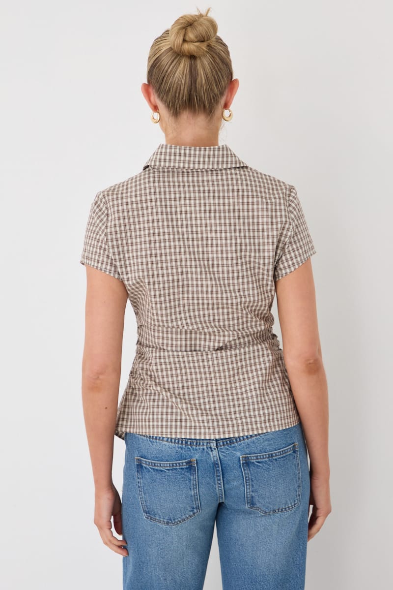 Brown Check Short-sleeve Shirt for Ally Fashion