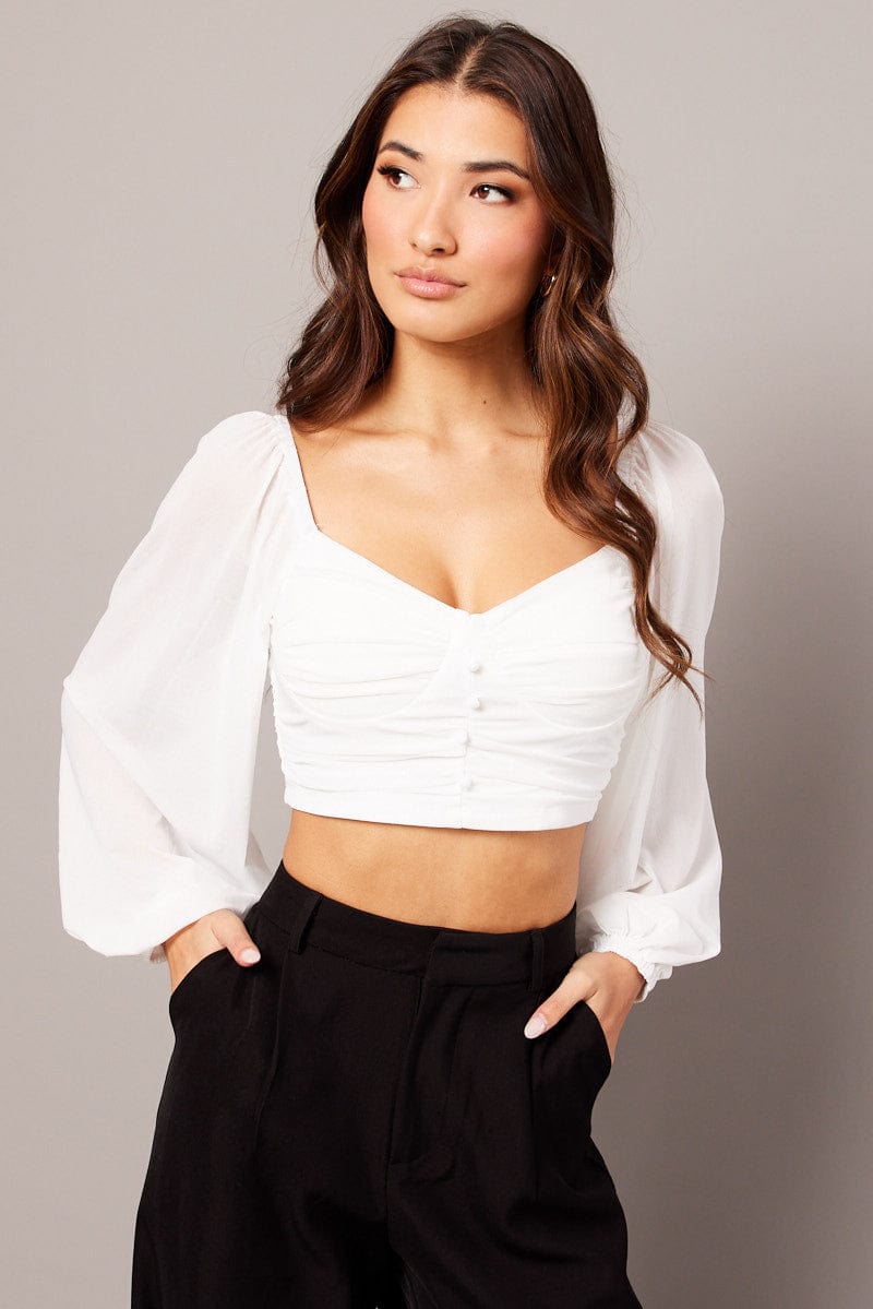 White Crop Top Long Sleeve Ruched for Ally Fashion