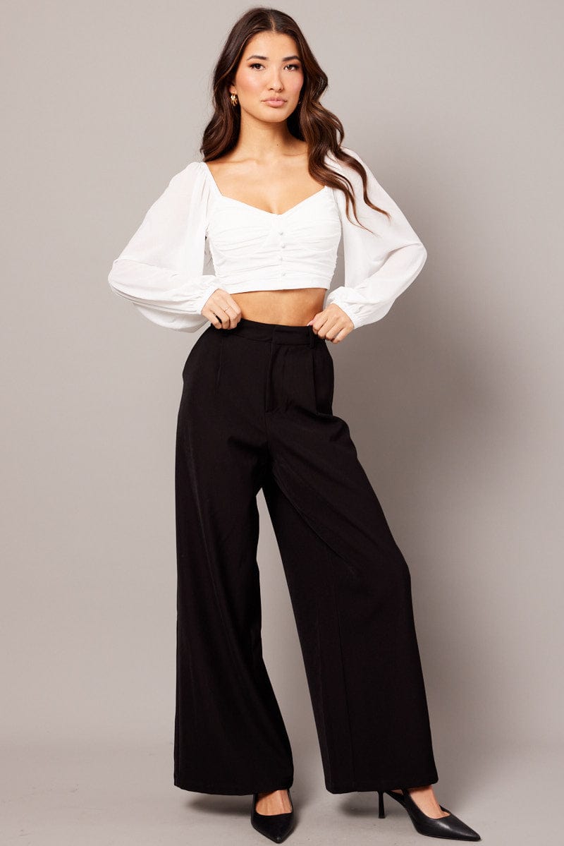 White Crop Top Long Sleeve Ruched for Ally Fashion
