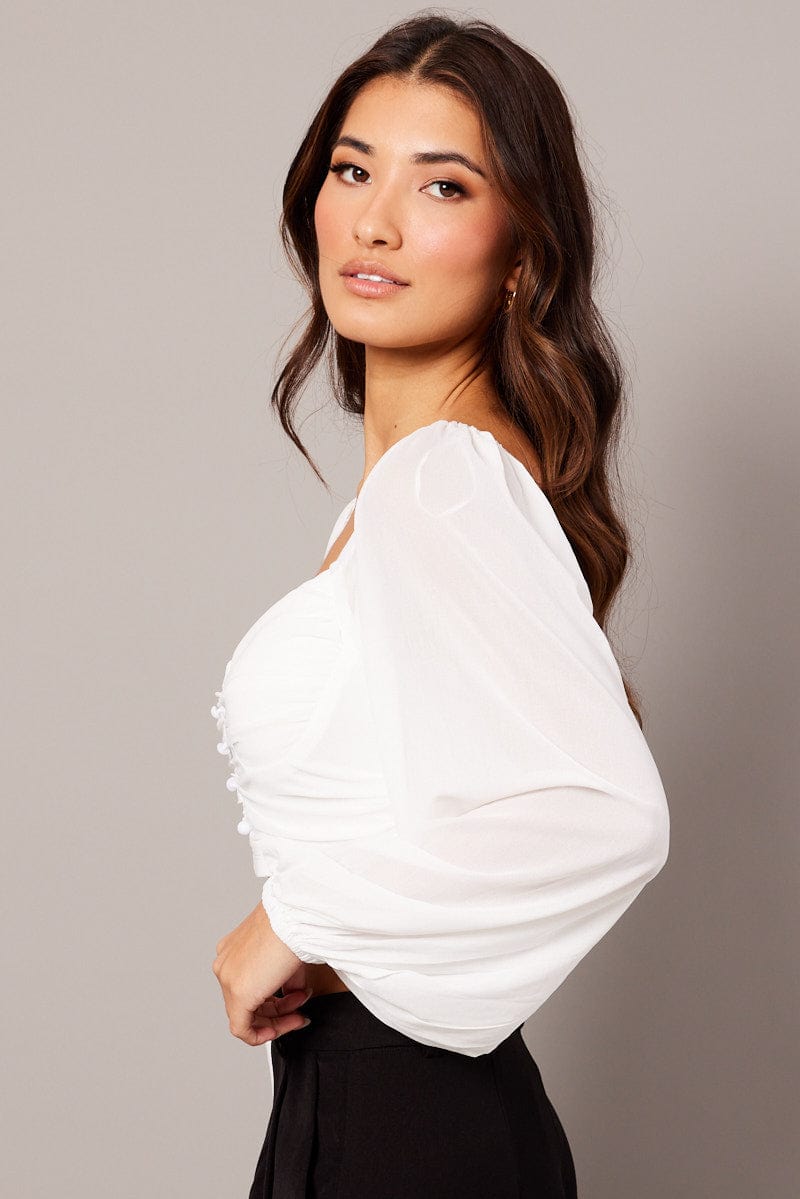 White Crop Top Long Sleeve Ruched for Ally Fashion