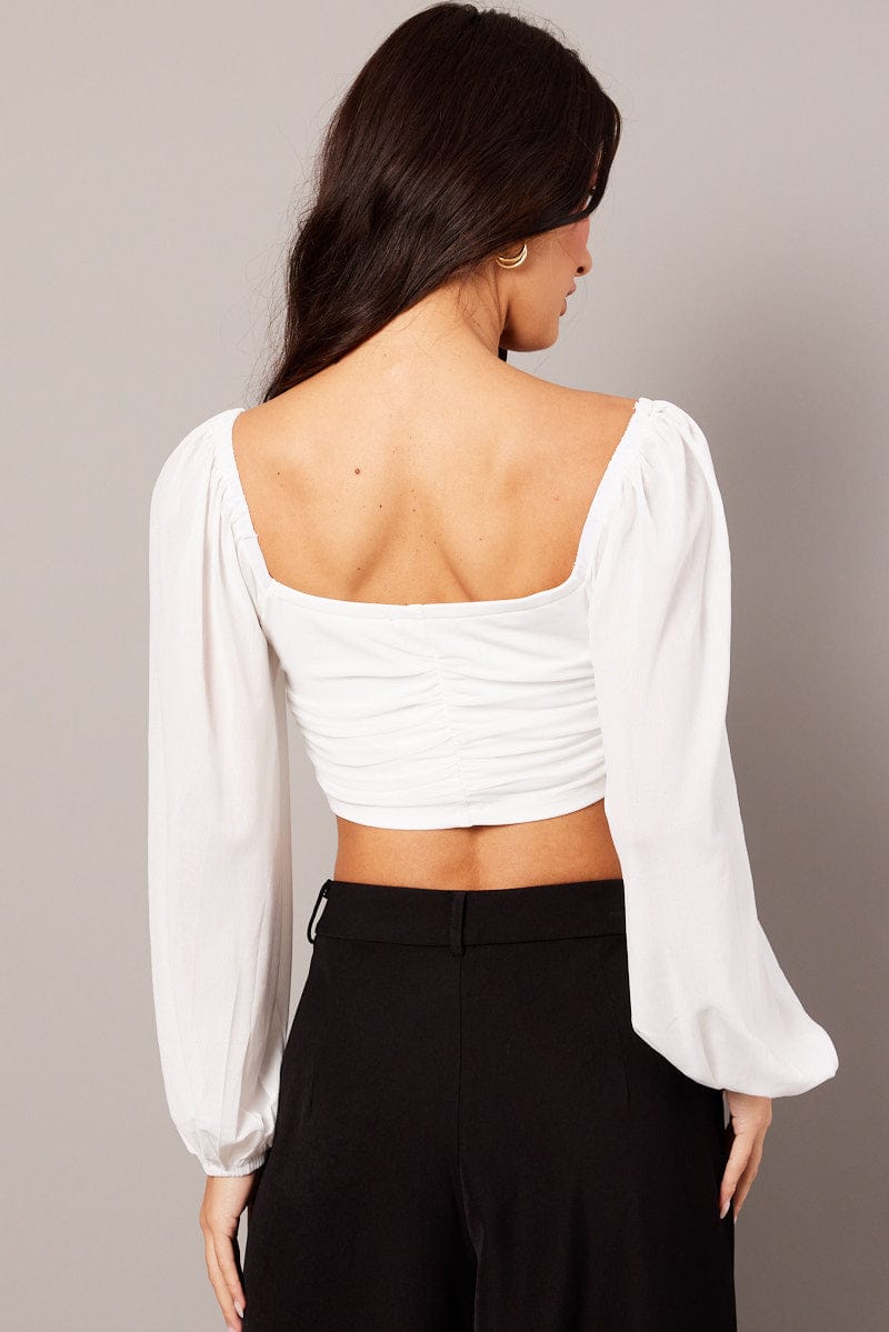 White Crop Top Long Sleeve Ruched for Ally Fashion