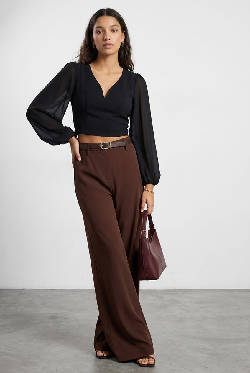 Black Crop Top Long Balloon Sleeve Backless Plunge Top