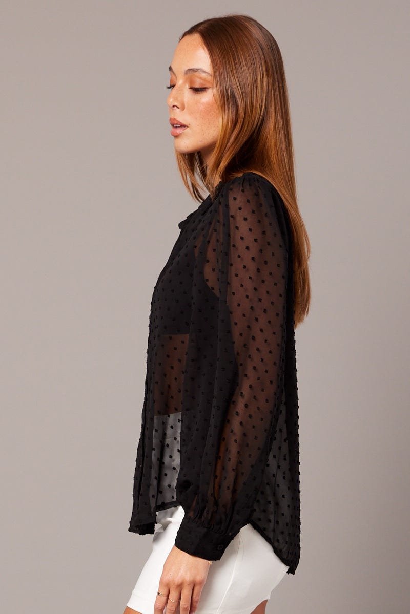 Black Shirt Long Sleeve Self Dot for Ally Fashion
