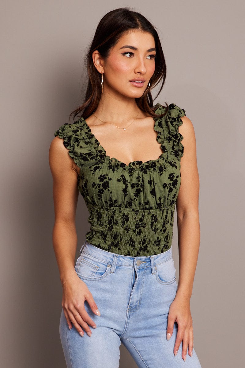 Green Ditsy Bodysuit Short Sleeve Shirred for Ally Fashion