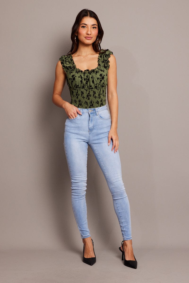 Green Ditsy Bodysuit Short Sleeve Shirred for Ally Fashion