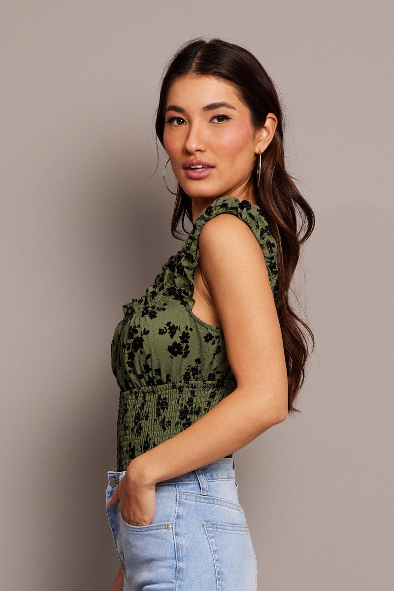 Green Ditsy Bodysuit Short Sleeve Shirred for Ally Fashion