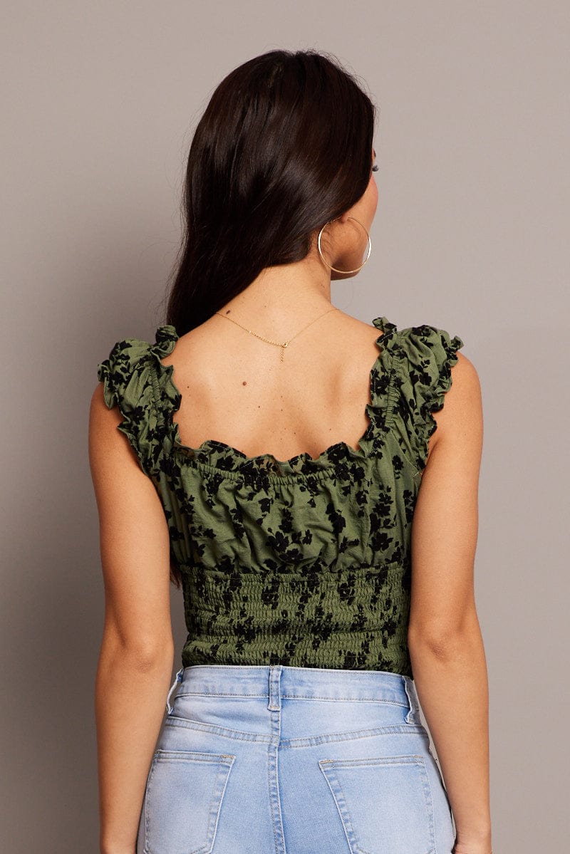 Green Ditsy Bodysuit Short Sleeve Shirred for Ally Fashion