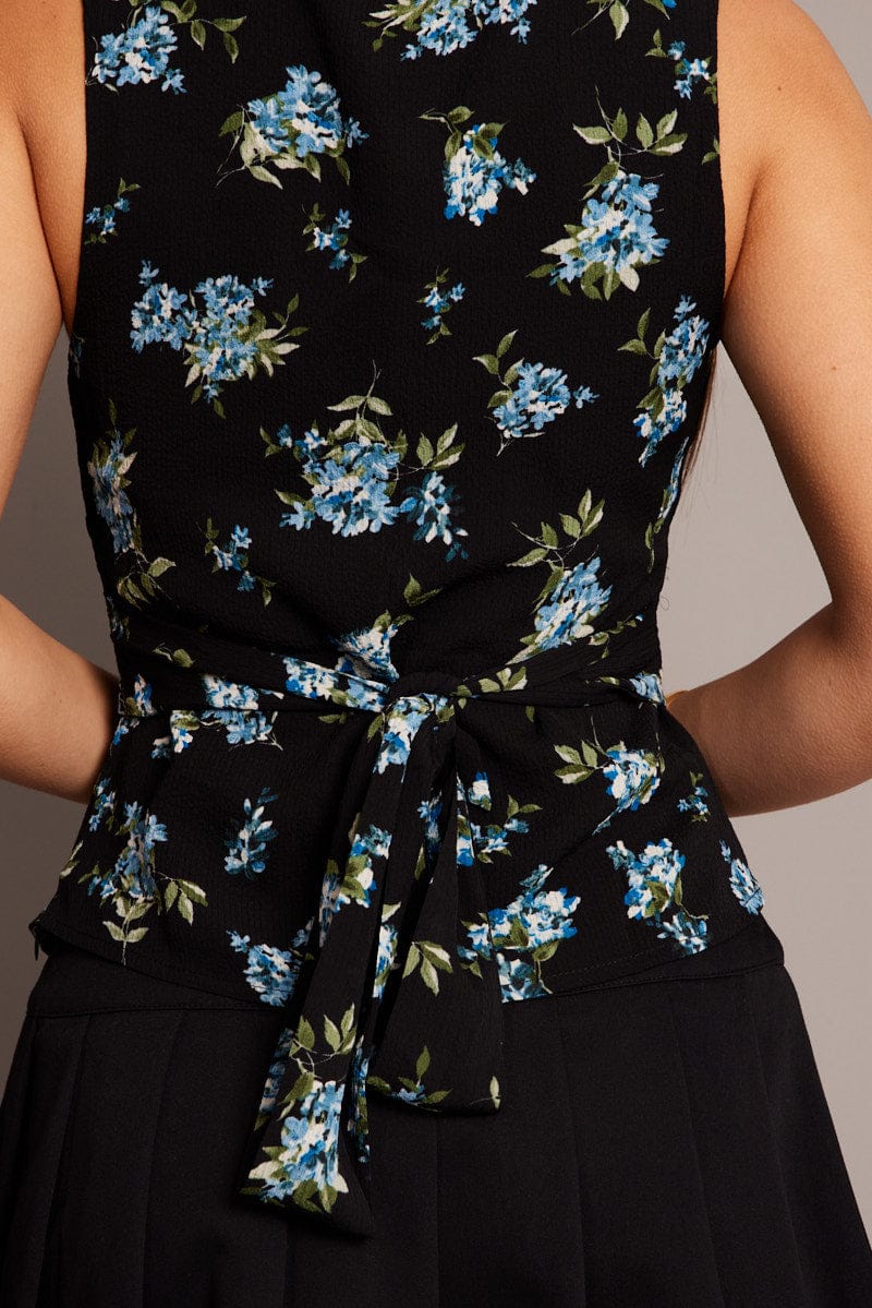 Black Floral V Neck Tie Back Sleeveless Top for Ally Fashion