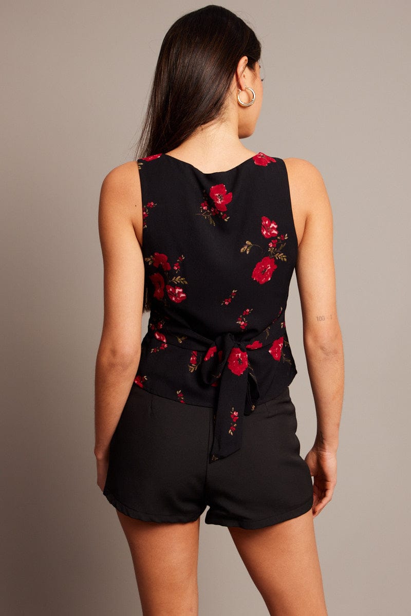 Red Floral Top Sleeveless Tie Back V-Neck for Ally Fashion