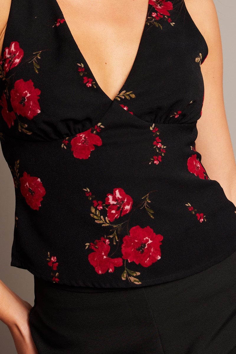 Red Floral Top Sleeveless Tie Back V-Neck for Ally Fashion