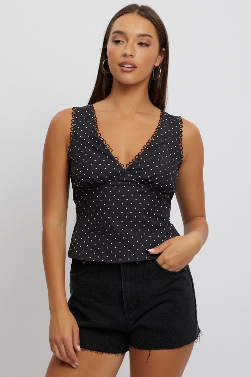 Black Polka Dot Top Sleeveless V-Neck for Ally Fashion