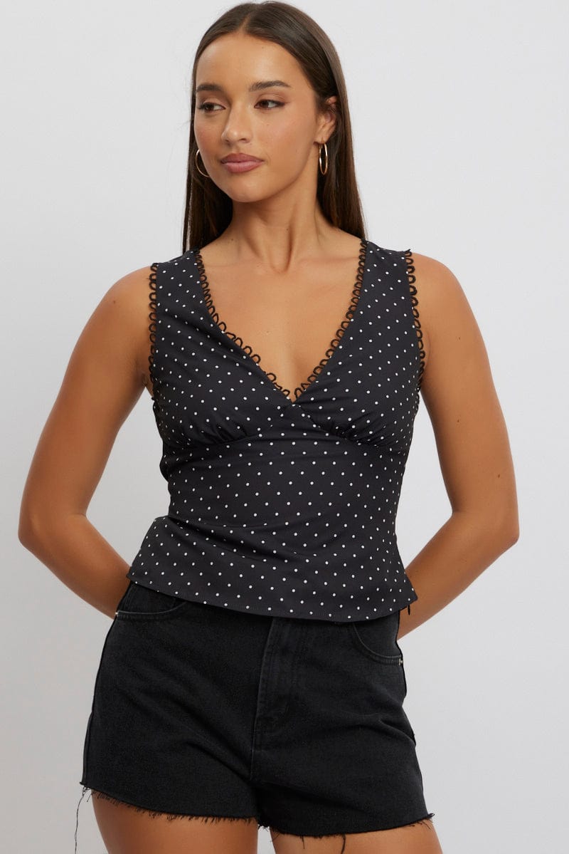 Black Polka Dot Top Sleeveless V-Neck for Ally Fashion